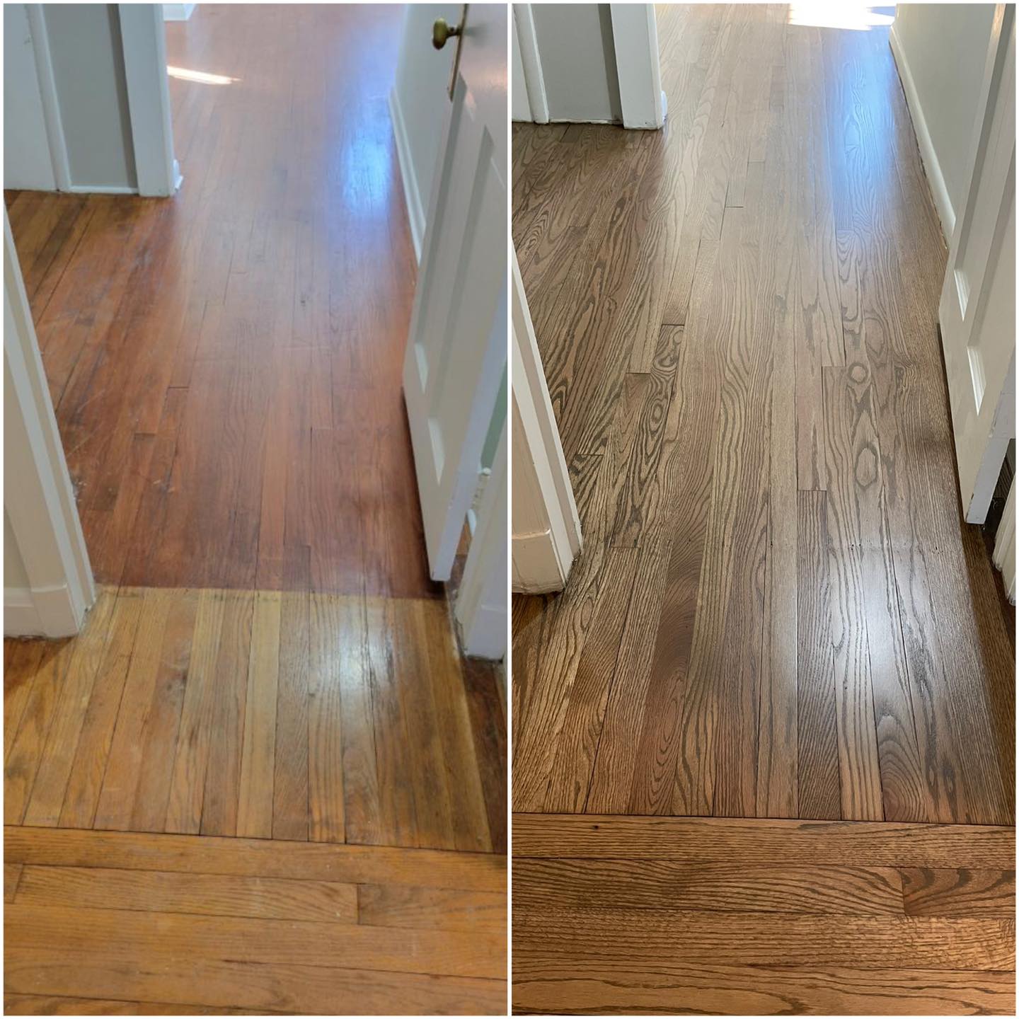 Before and after hallway floor refinishing