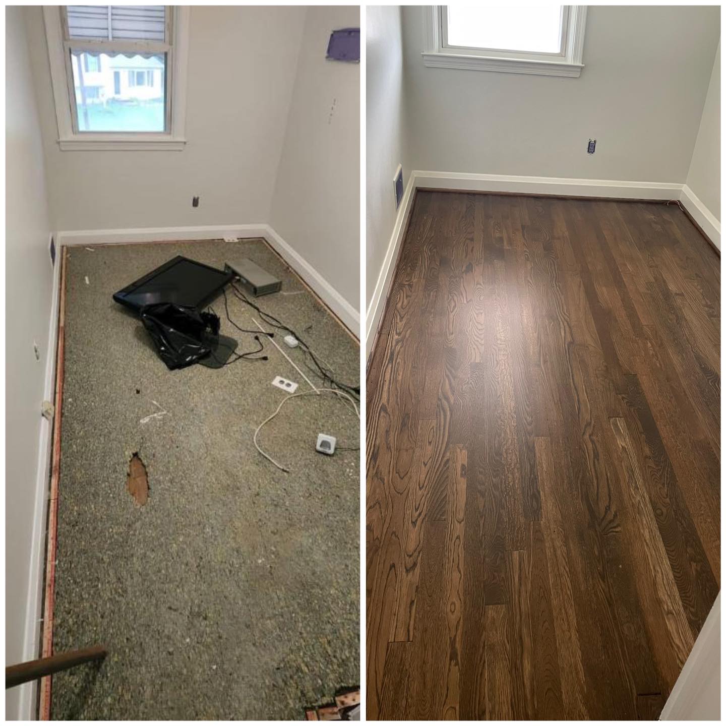 Carpet to dark walnut hardwood installation