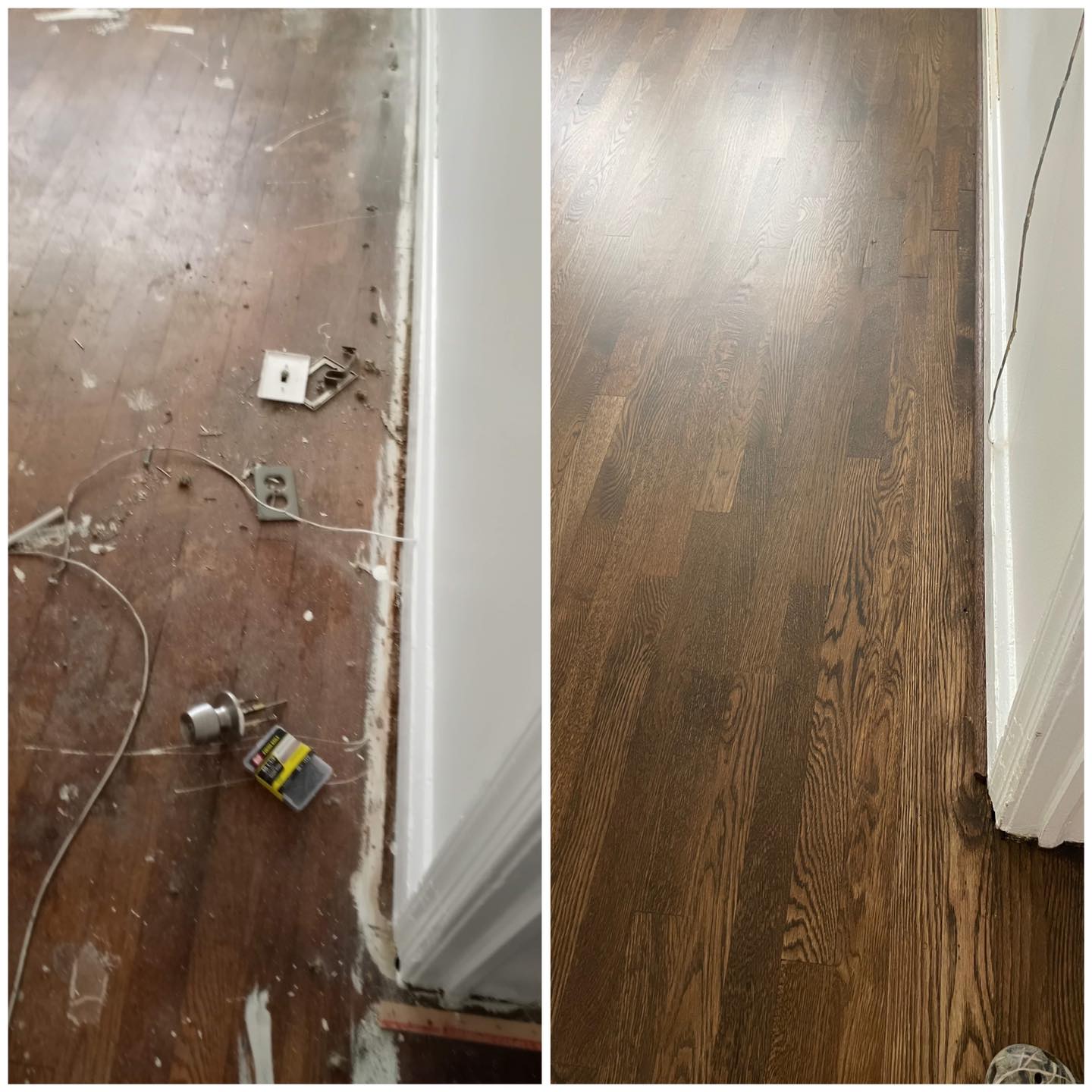 Before and after hallway hardwood restoration