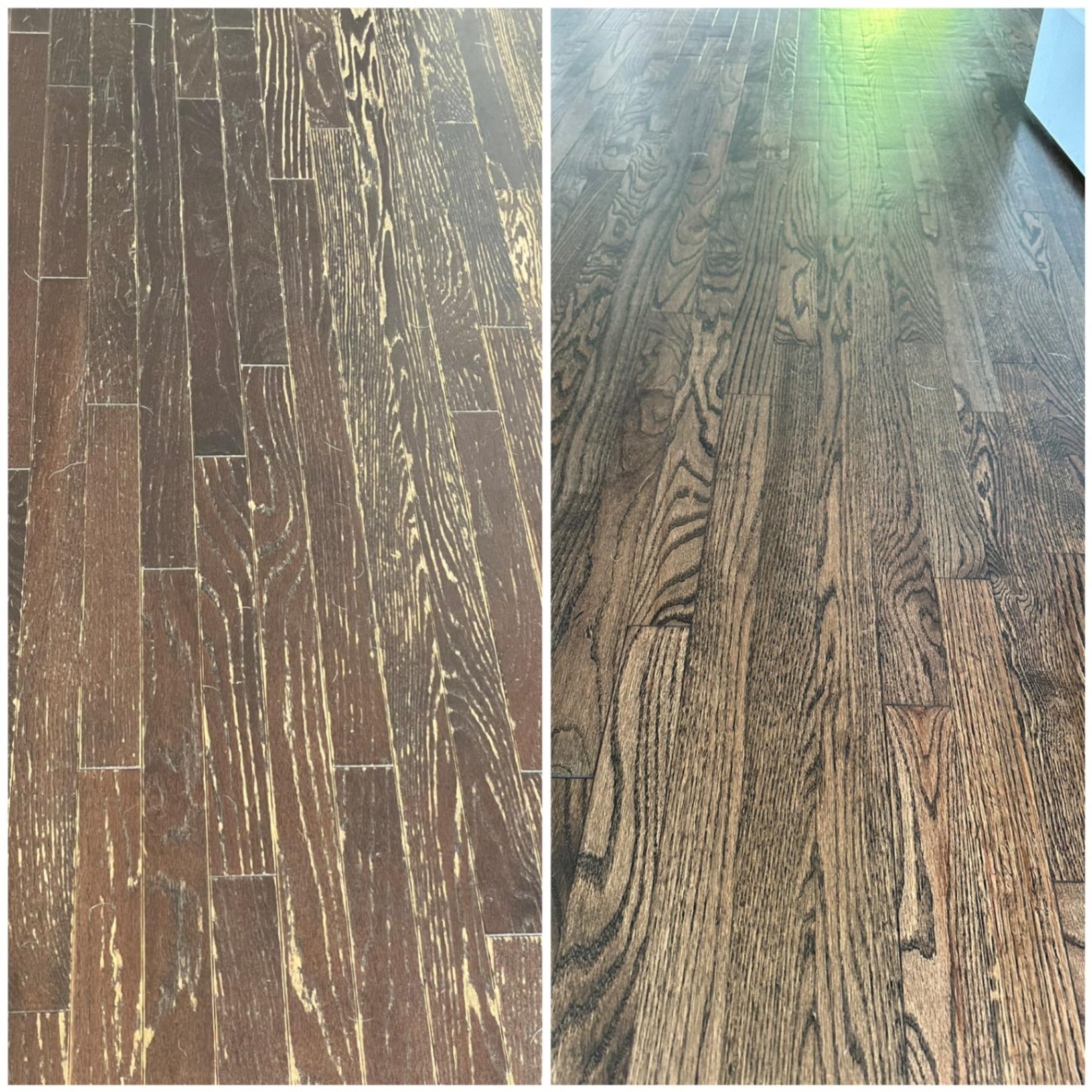 Before and after worn floor refinishing